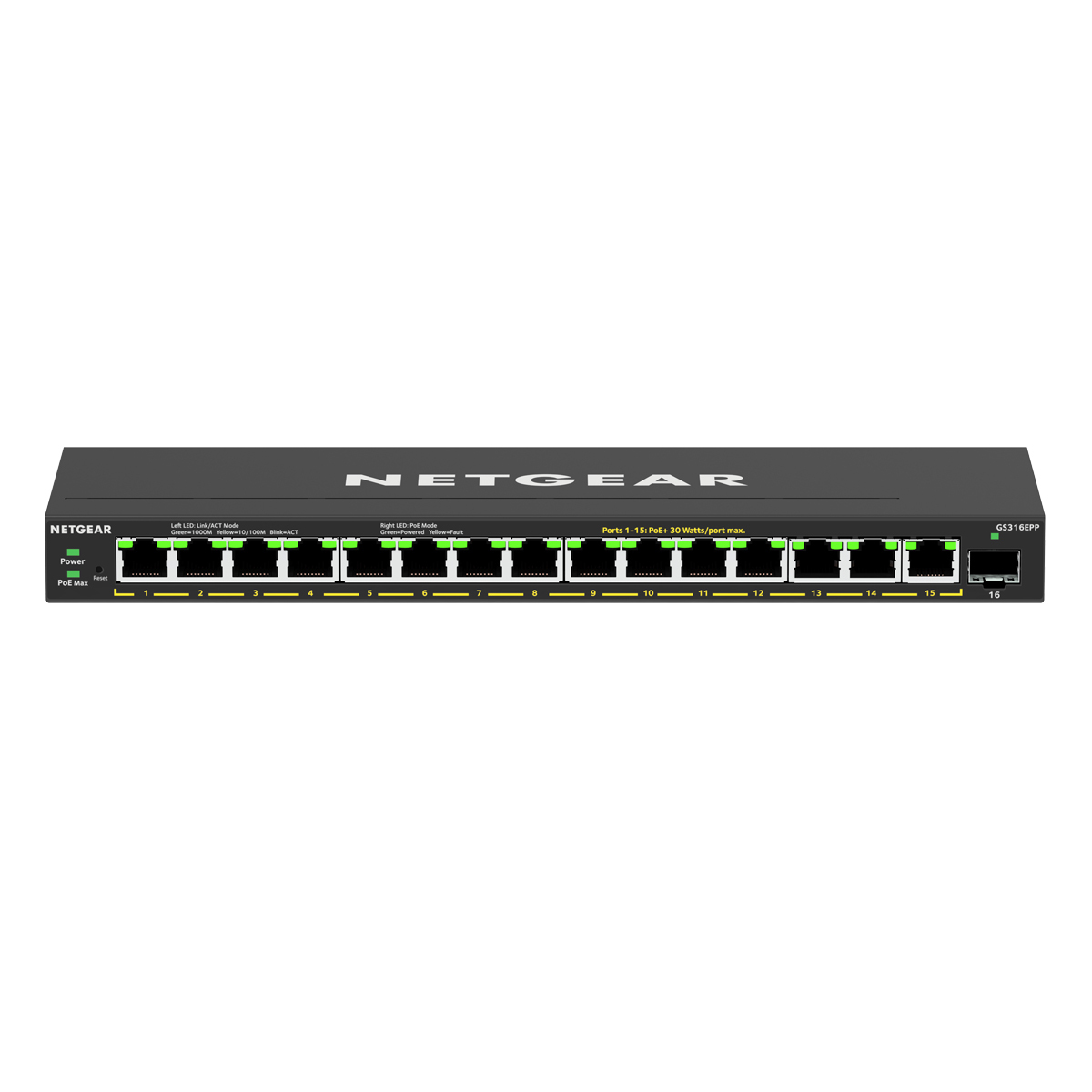 Bild von NETGEAR GS316EPP 16-Port Web Managed Switch [15x Gigabit Ethernet, PoE+ 231W, 1x SFP, Metallgehäuse, Lüfterlos]
