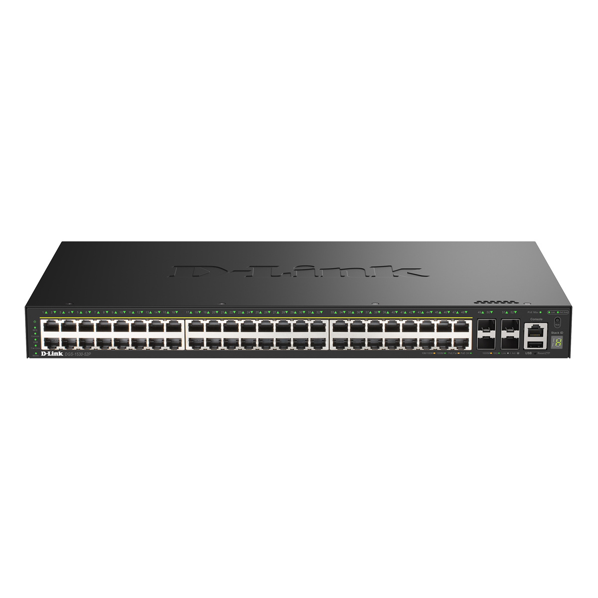 Bild von D-Link DGS-1530-52P Smart Managed Switch 48x Gigabit Ethernet (PoE+, max. 370 W), 4x 10G SFP+, 1x USB 2.0, 1x Konsolen-Port
