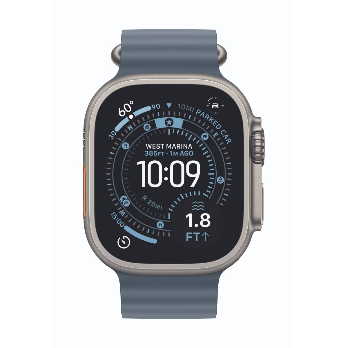 Bild von Apple Watch Ultra 3 Cellular 49mm Natur Titan Gehäuse B-Ware mit Maritimblau Ocean Band