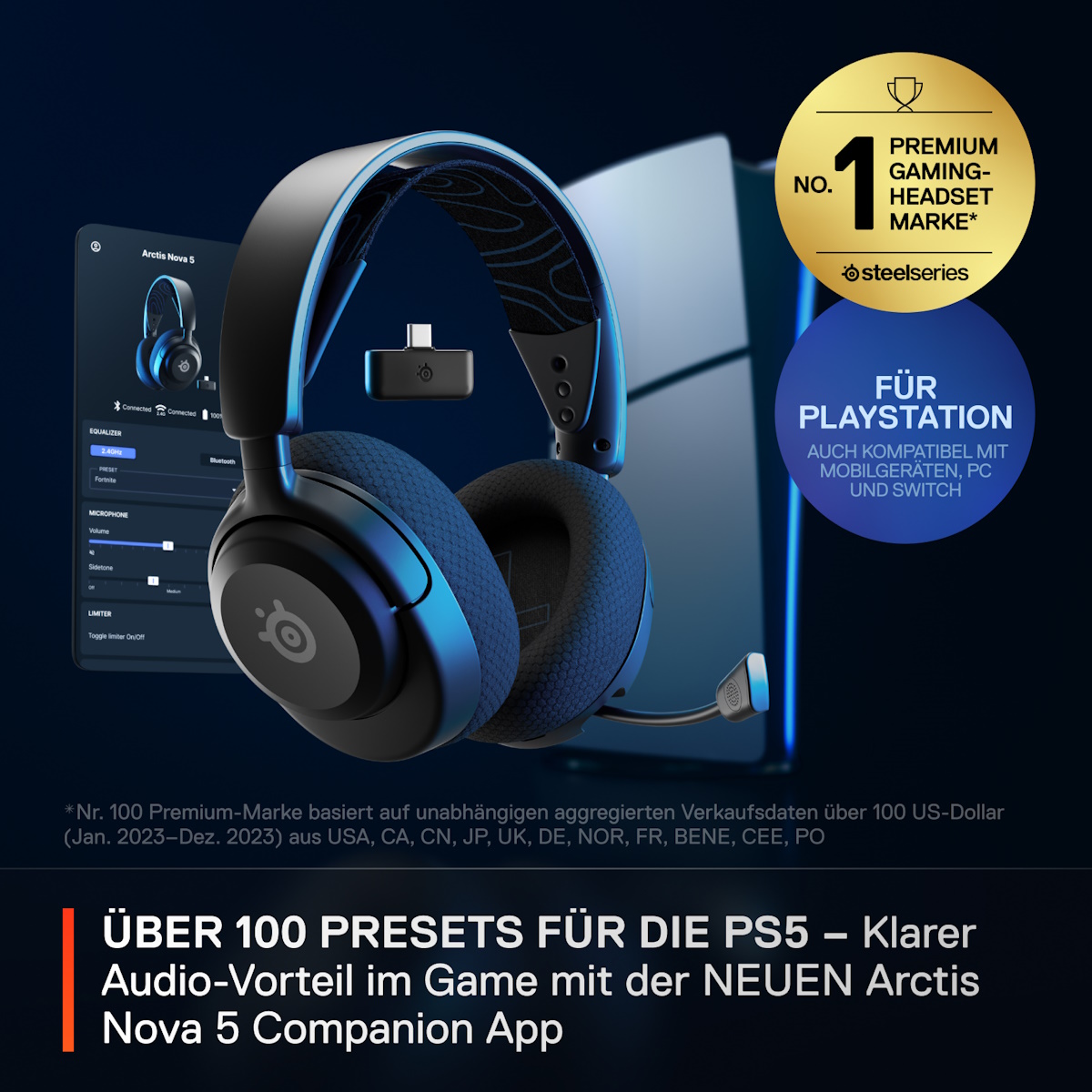 Bild von SteelSeries Arctis Nova 5P Wireless kabelloses Gaming Headset für PC, PlayStation, Switch und Mobilgeräte, ClearCast 2.X Mikrofon, 60 Stunden Akkulauf
