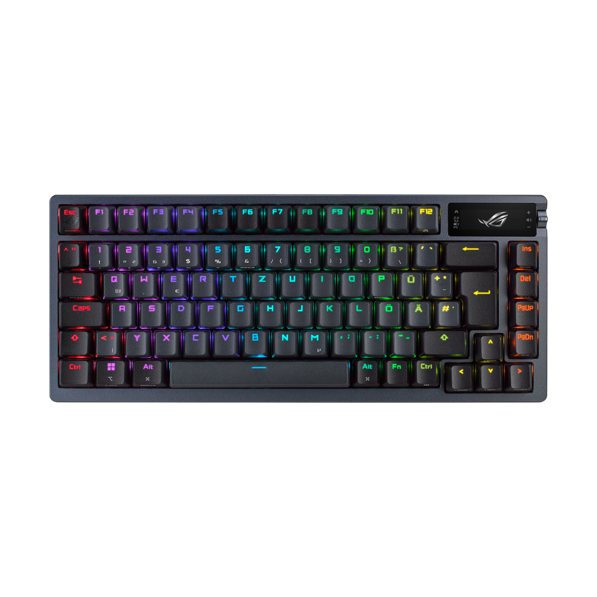 Bild von ASUS ROG Azoth RGB Gaming Tastatur mit 75% Layout - kabellose RGB Gaming Tastatur im Layout 75% mit Bluetooth und einem OLED Display zum ablesen von S