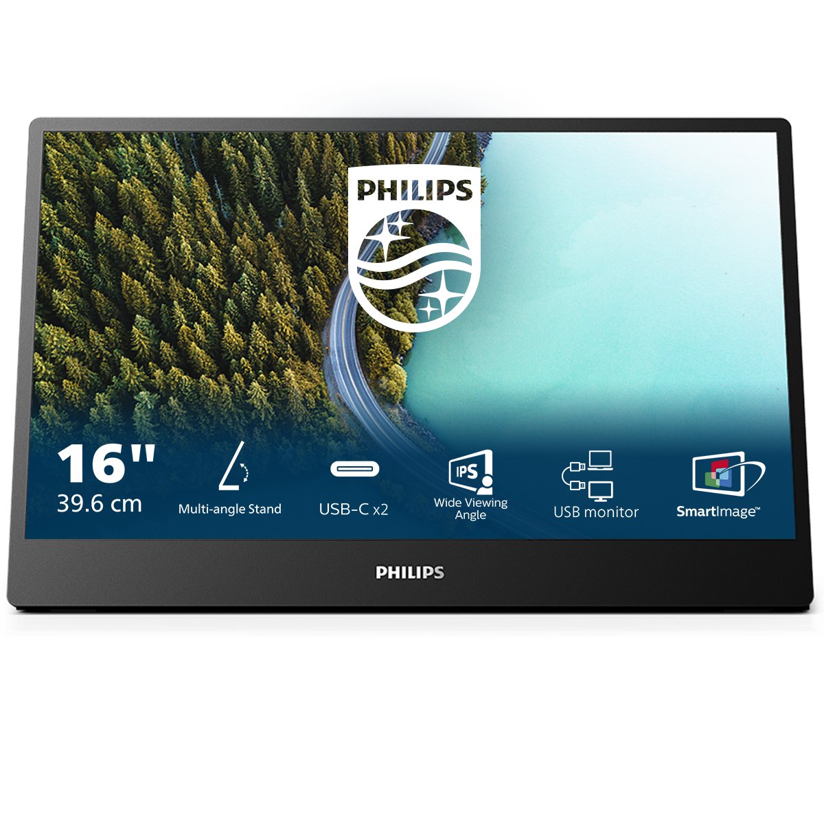 Bild von Philips 16B1P3302D portabler 16 Zoll FHD Business PC Monitor (1920x1080, USB-C Anschluss, Mehrwinkel Standfuss) schwarz