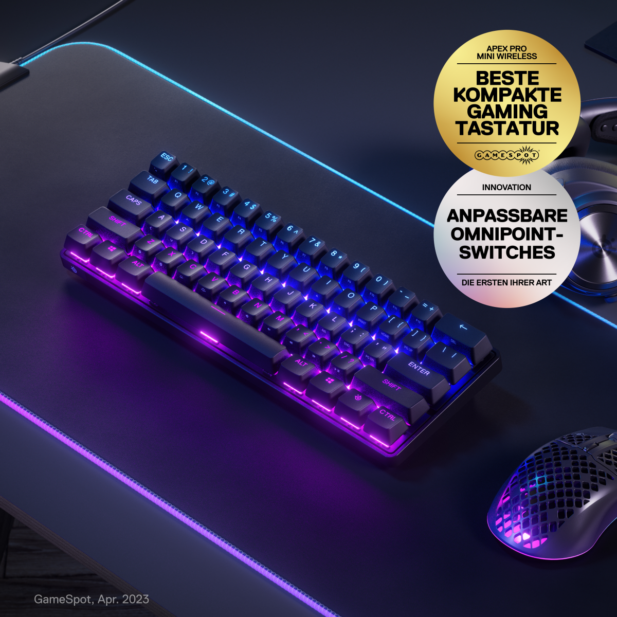 Bild von SteelSeries Apex Pro Mini Wireless Gaming-Tastatur – Die weltweit schnellste Tastatur mit 60% Formfaktor und anpassbaren Ansprechverhalten