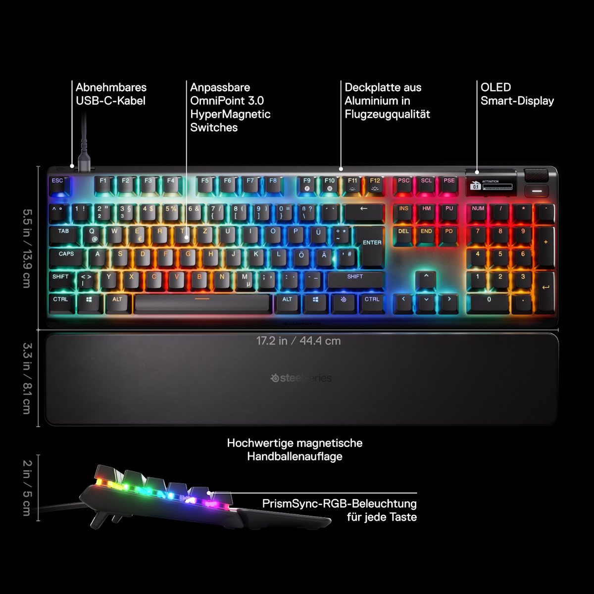 Bild von SteelSeries Apex Pro Gen 3 DE-Layout - kabegebundene Gaming Tastatur mit OmniPoint 3.0 HyperMagnetic-Schaltern