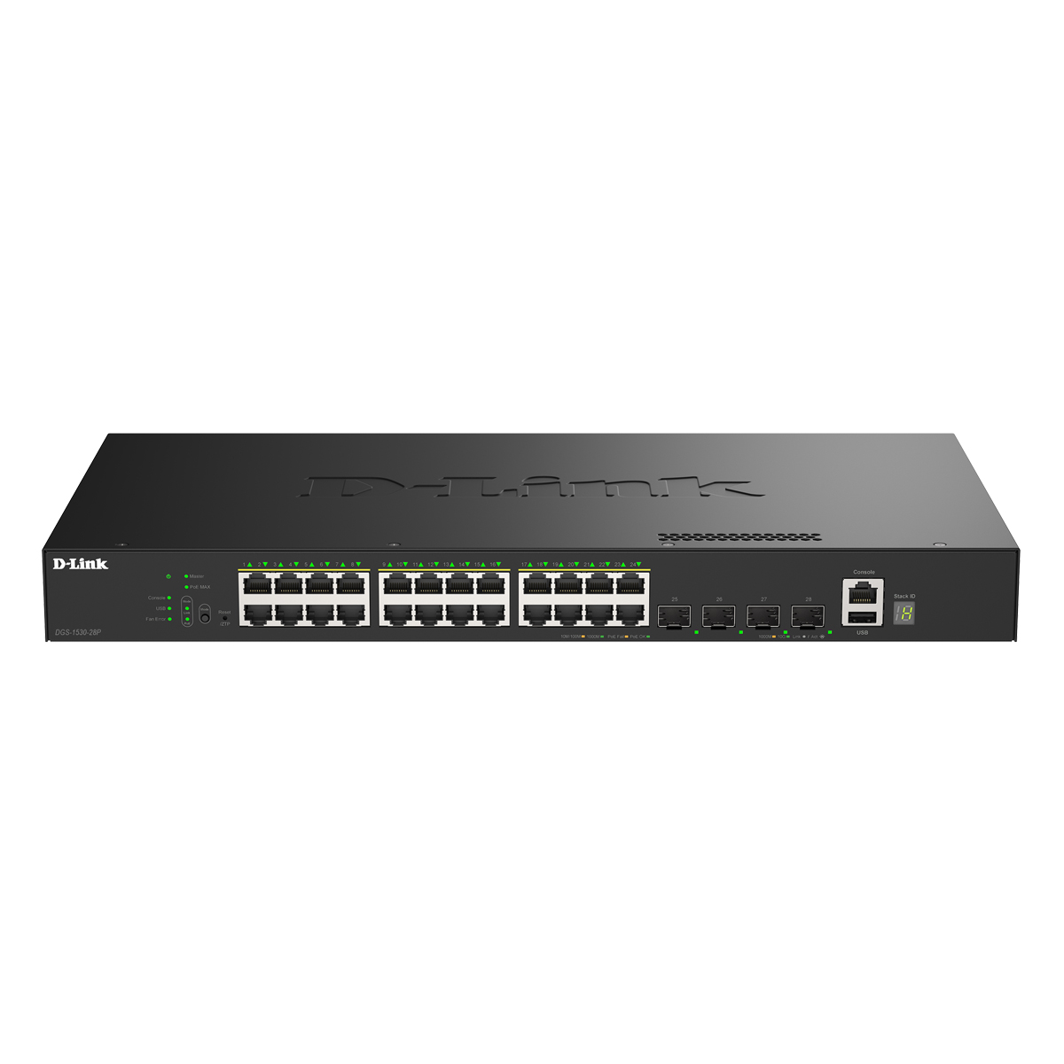 Bild von D-Link DGS-1530-28P Smart Managed Switch 24x Gigabit Ethernet (PoE+, max. 370 W), 4x 10G SFP+, 1x USB 2.0, 1x Konsolen-Port